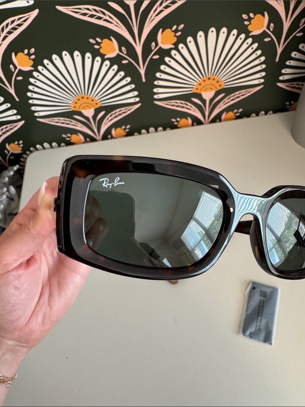 Ray-Ban Tortoiseshell Rectangular Sunglasses with Dark Green Lenses - Picture 7 of 14